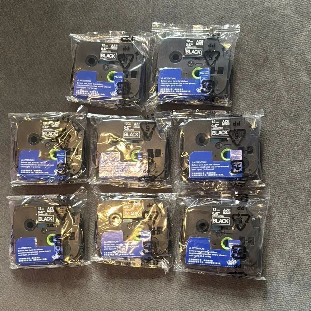 Label Maker Tape Black 12mm .47” Set of 8 Compatible with Brother P-Touch